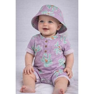 Baby Romper and Bucket Hat Set Purple Palm Tree Print Short Sleeve Snaps 6-9 mos